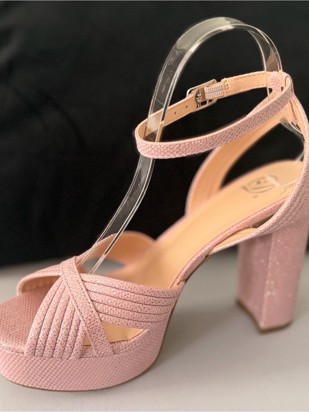 Delicious Blush Pink Sparkle Platform Block Heels with Ankle Strap